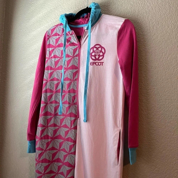 Disney Resort Epcot Adult Onesie Pajama Pink Blue XS Hooded Bodysuit - Picture 4 of 7